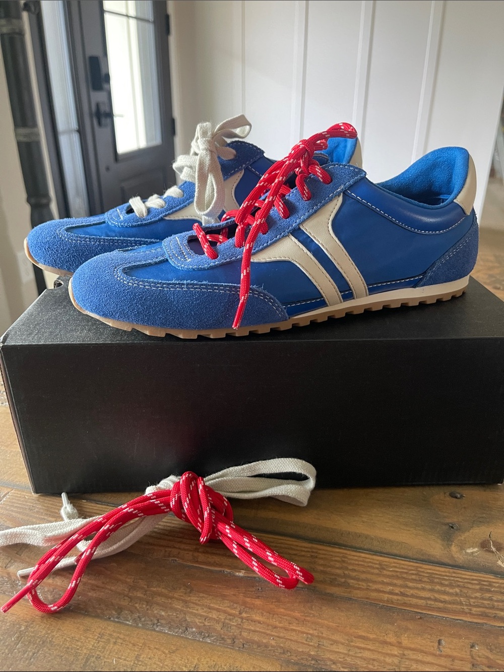 ShuShop Blue Sneakers with Red Laces and Cream Stripes